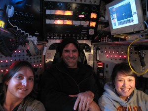 Inside Alvin: Me (left) with Pilot Bruce Strickrott and graduate student Jamie Botelho.