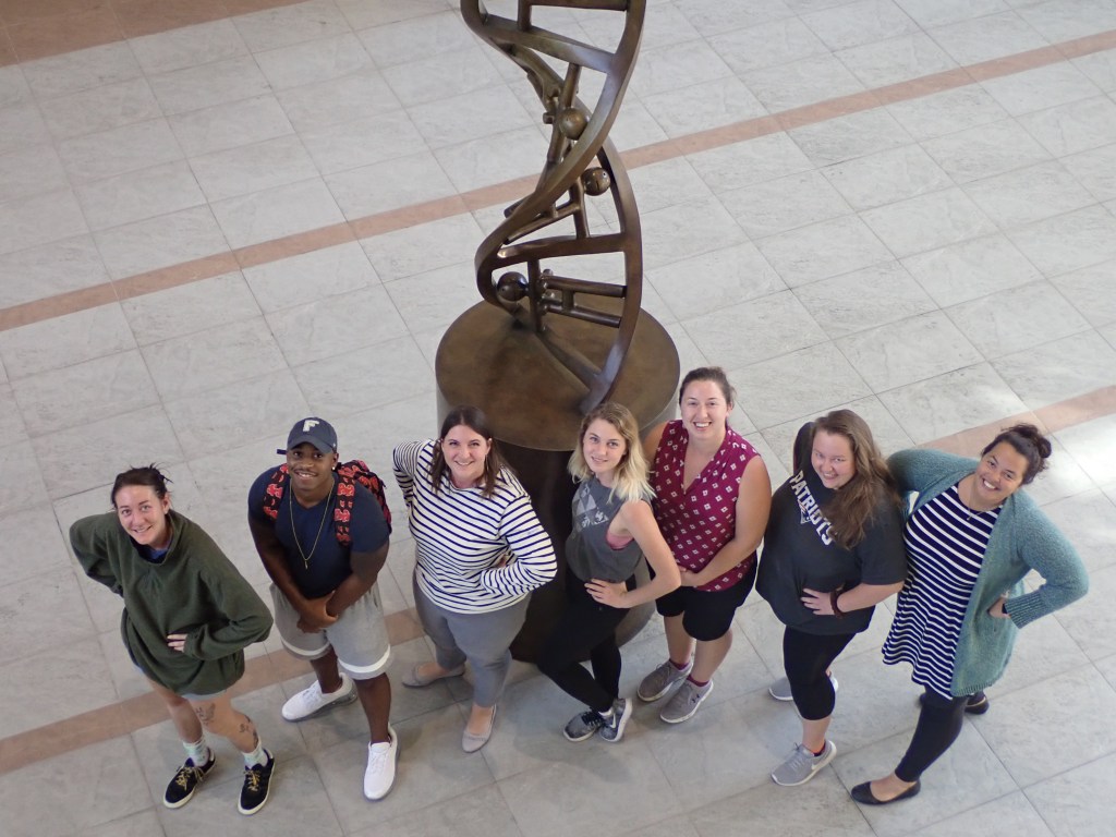 Seven scientists in front of an artistic sculpture of DNA.